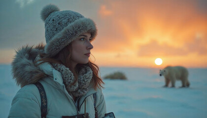 A young woman braves the snowy winter landscape