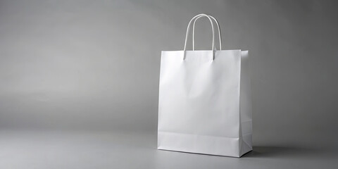 A blank white shopping bag stands upright on a smooth gray surface, creating a modern and clean aesthetic. The soft lighting enhances its simple design, perfect for showcasing branding