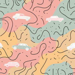 A repeating design of cars in various colors and styles, with wavy lines and dots scattered throughout the background. Vector patterns, random pattern