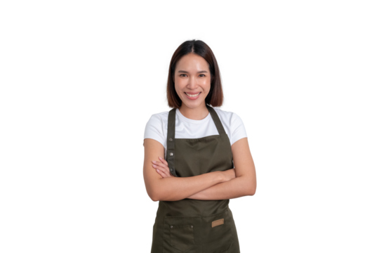 A portrait of young female wear white t-shirt and cover with green apron