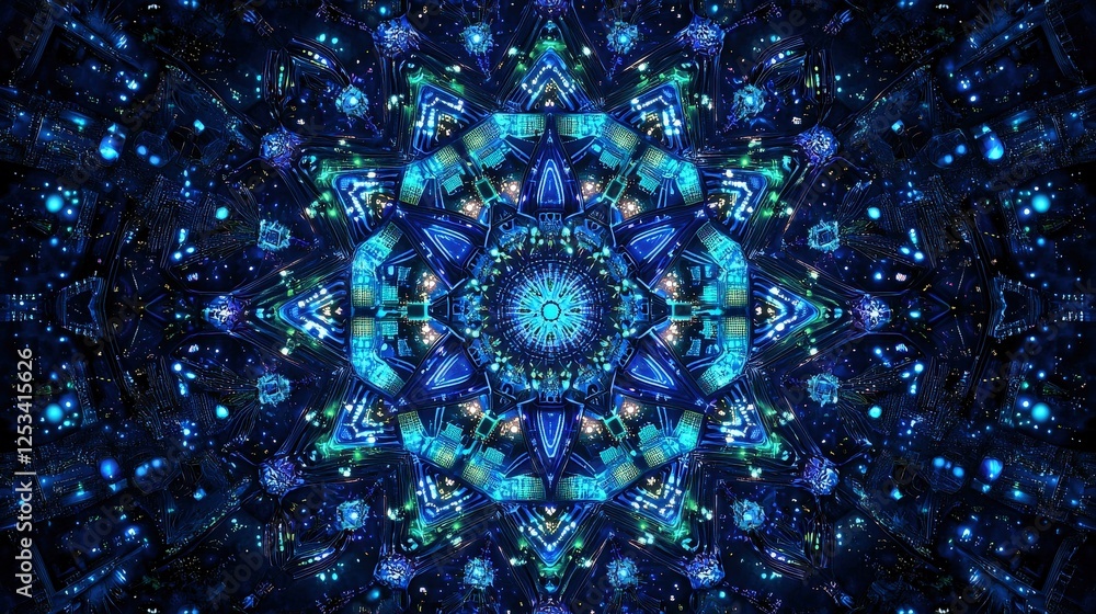 Poster intricate abstract design featuring technology patterns, glowing circuits, and luminous network elem