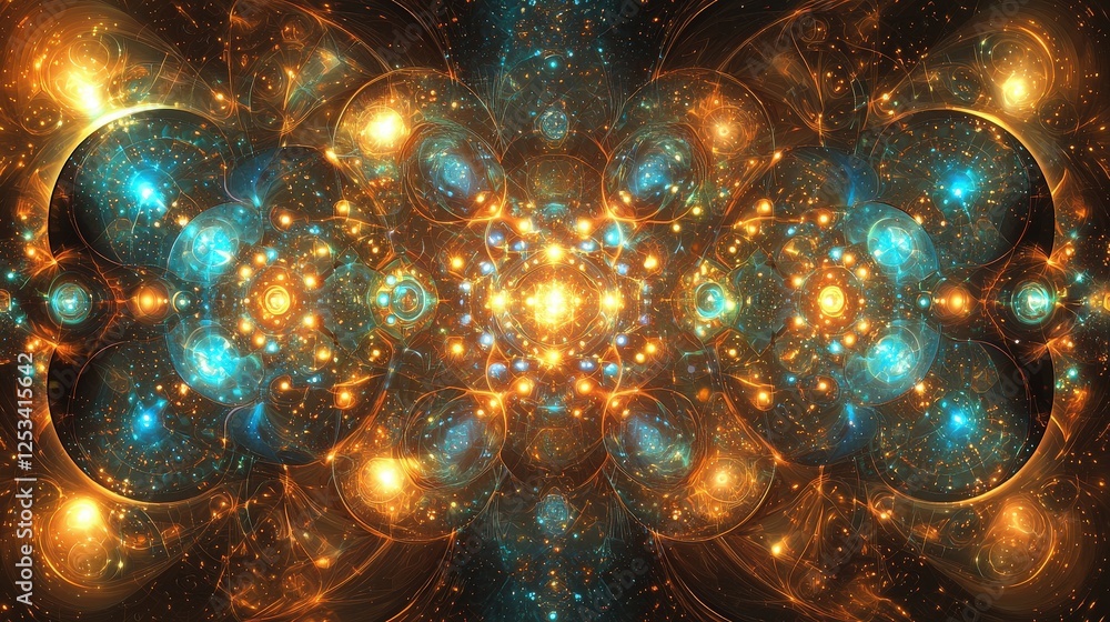 Poster abstract glowing technology design with network circuits and bright orb patterns in blue and orange 