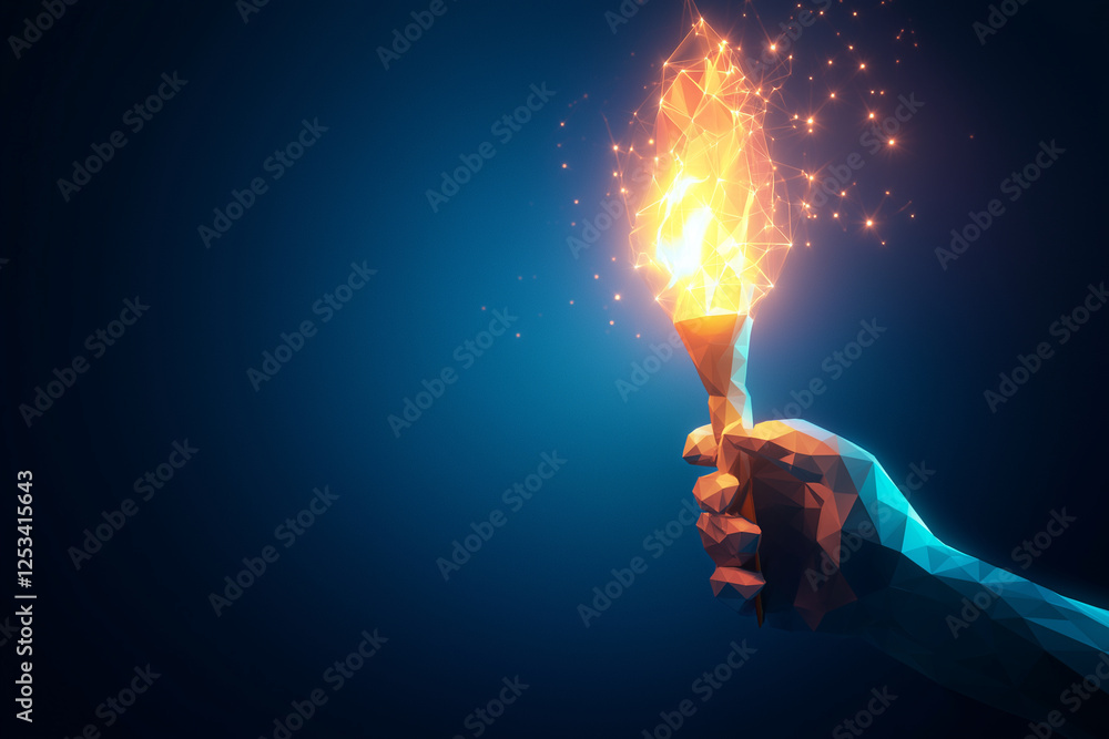 Poster low poly illustration of hand holding torch with bright flame, creating captivating visual effect. g