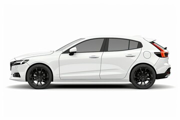 A sleek white hatchback car with black wheels, showcasing modern automotive design. isolated on white background