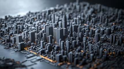 Obraz premium Modern Cityscape Architectural Model Detailed Design Steel Structure Urban Skyline 3D Grey Dark 