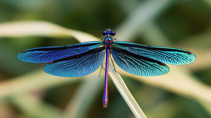 a close up of a blue dragonfly with its wings spread out. 