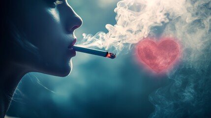 Person smoking with a warning symbol on the heart highlights health risks associated with smoking