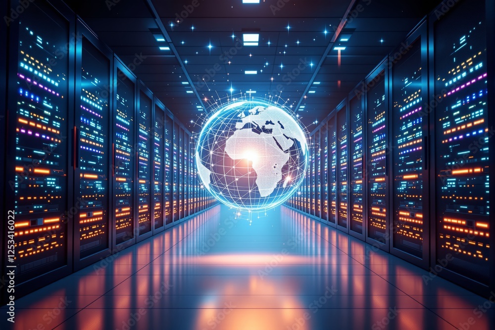 Poster futuristic data center with glowing globe and vibrant servers background.
