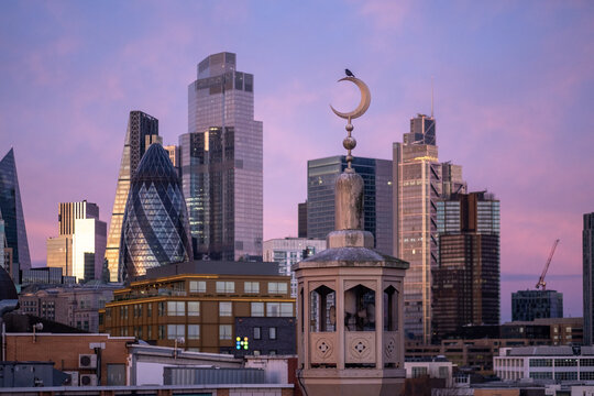 LONDON (25 Jan 2025) - A bird sits on the crescent moon, a symbol of Islam, atop the minaret of the East London Mosque (ELM) in Tower Hamlets, one of the largest mosques in Western Europe.