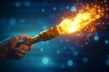 Fototapeta premium Low poly illustration of hand holding torch with bright flame, glowing sparks, and vibrant background. This artwork captures sense of adventure and illumination