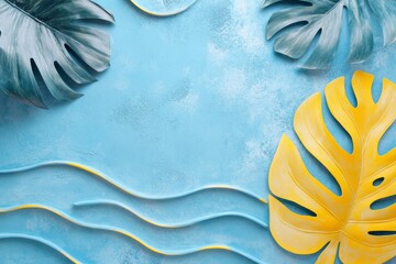 A creative flat lay of tropical monstera leaves in shades of blue and yellow arranged on a textured background with wavy abstract elements evoking a summer vibe.