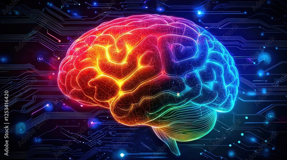 Poster glowing brain with neural pathways illustrating advanced connectivity and brain functionality