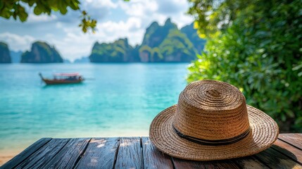 Relaxing Straw Hat Resting on Table with Stunning View of Phang Nga Bay and Tropical Landscape