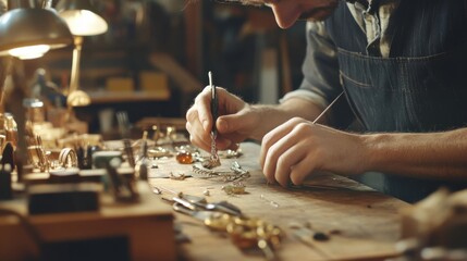A jewelry designer crafting a necklace in a stylish workshop, with gemstones and tools on a workbench, Jewelry design scene