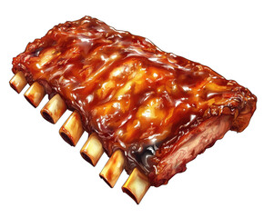 A digital illustration of a juicy barbecued pork rib with a thick layer of caramelized sauce, isolated, transparent background, PNG