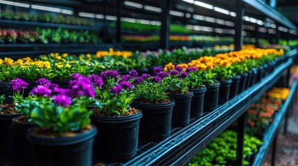 Colorful potted flowers in greenhouse nursery
