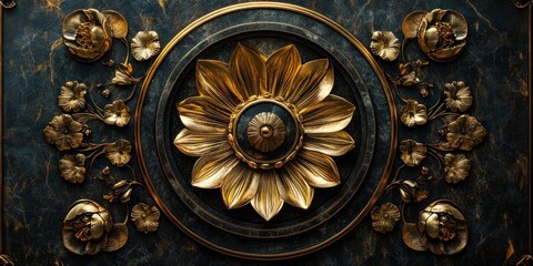 Opulent Gold and Dark Blue Ornate Floral Design