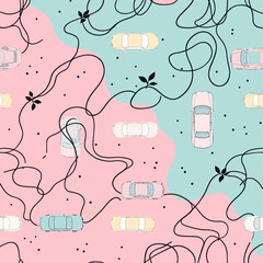 Pink, blue, and green cars with black lines and dots on a light pink background. Vector patterns, random pattern