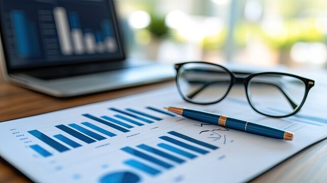 A top view of a professional desk with a laptop, notebook, pen, and glasses, symbolizing productivity, business, and modern workspaces, perfect for corporate marketing and remote work promotions.