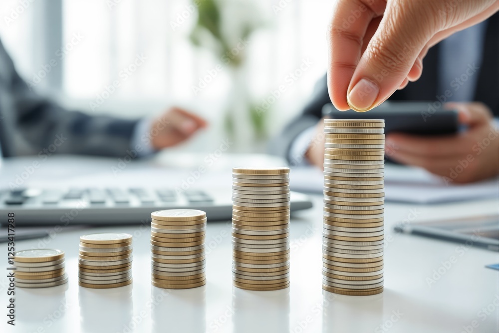 Poster stacked coins on a desk with a hand adding coins in a business environment.