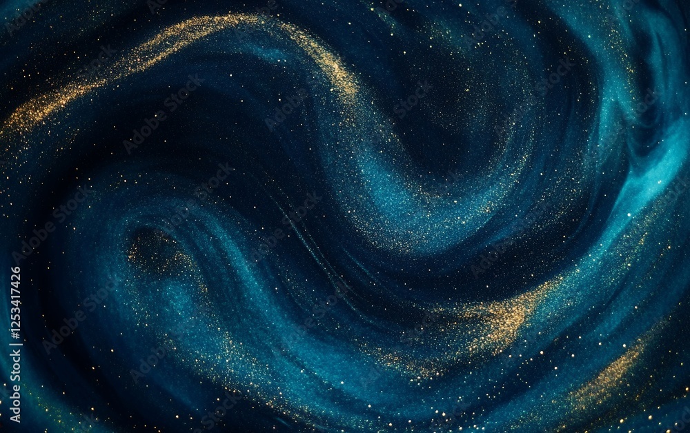 Poster high-resolution abstract cosmic swirl with deep blue and gold glitter particles creating a luxurious