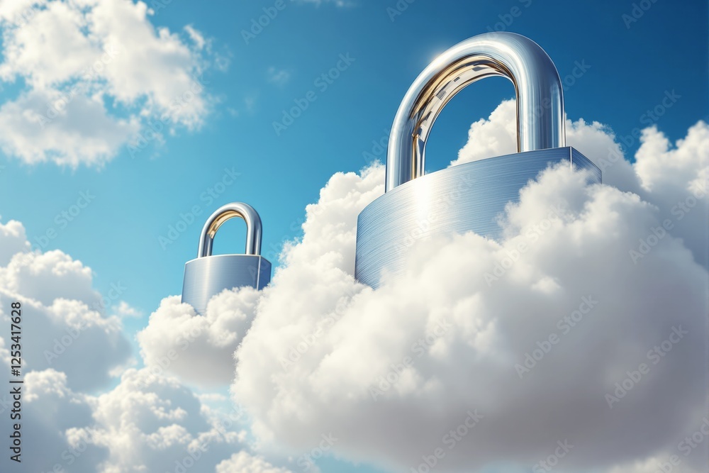 Poster locks floating in fluffy clouds under a bright blue sky, symbolizing cloud security.