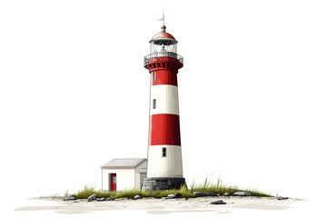 Classic Red and White Lighthouse Vector Illustration: Coastal Beacon, Maritime Symbol, Guiding Light, Nautical Graphic, Sea Coast Landmark, Perfect for nautical themed designs, travel brochures,      