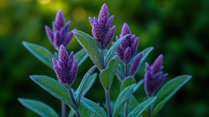 close-up of purple flowers with green leaves.
