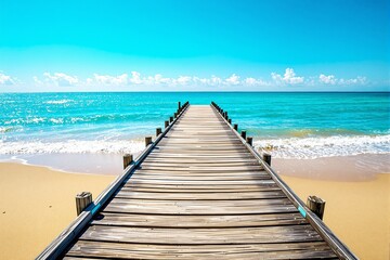 Fototapeta premium Wooden pier extending into turquoise ocean under bright blue sky.