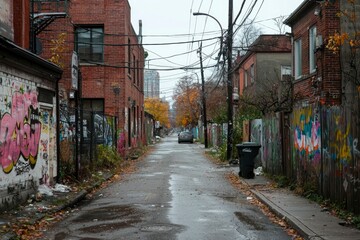 Urban Alleyway with Graffiti, Autumn Day. Possible Stock Photo Use Depicting a typical city alley, perfect for a social media post or website
