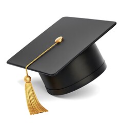 3D graduation cap icon in black with a golden tassel, sleek, modern style. Suitable for education, achievement, or academic-related themes