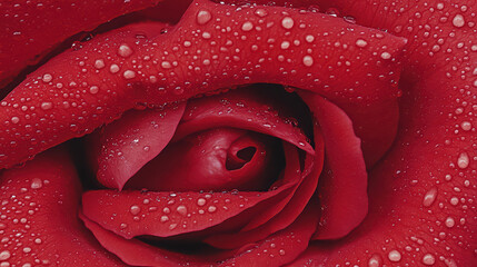 Close-up view of a red rose covered in water droplets.
