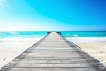 Fototapeta premium Wooden pier overlooking turquoise ocean under bright blue sky.