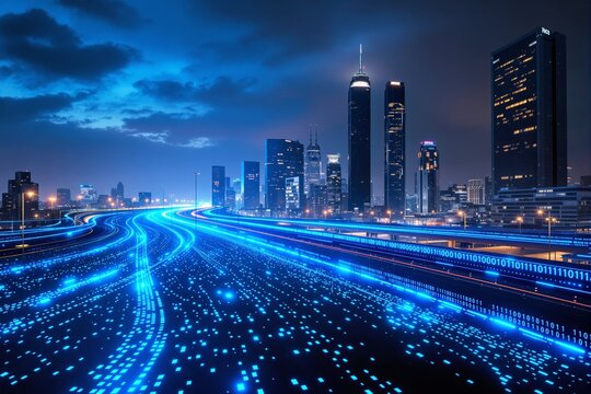 Futuristic cityscape with glowing digital highways and illuminated skyscrapers at night.