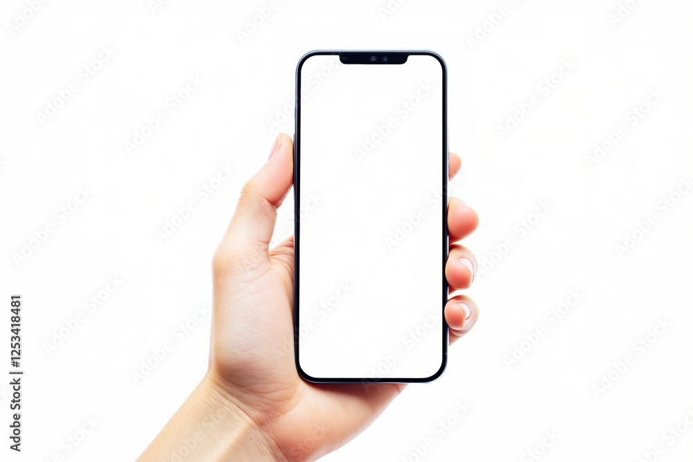 Poster closeup of a hand holding a smartphone with a blank white screen on an isolated bright background. t