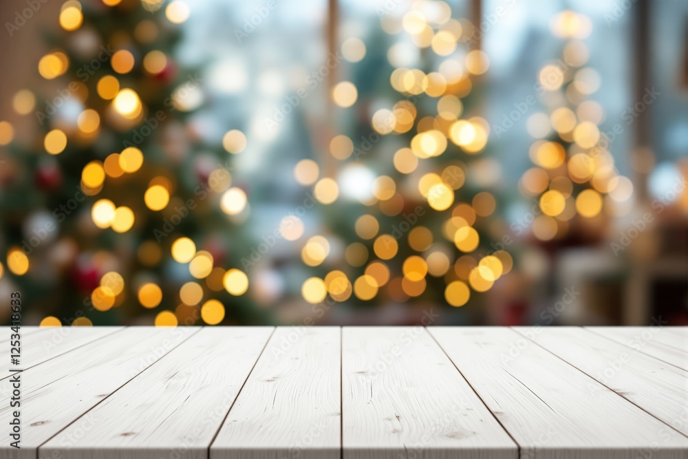 Poster wooden table closeup with christmas tree lights bokeh in the background.
