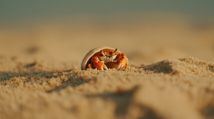Hermit crab in its shell on sandy beach.
