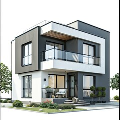 Fototapeta premium Modern two-story house with a sleek design and landscaped surroundings. isolated on white background