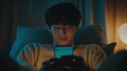 Man relaxing on bed using smartphone at night.