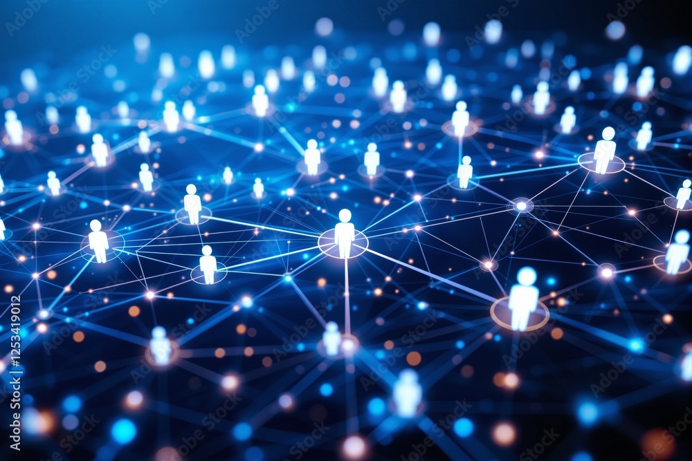Aufkleber digital network of connected people with glowing nodes and lines on a dark blue background.