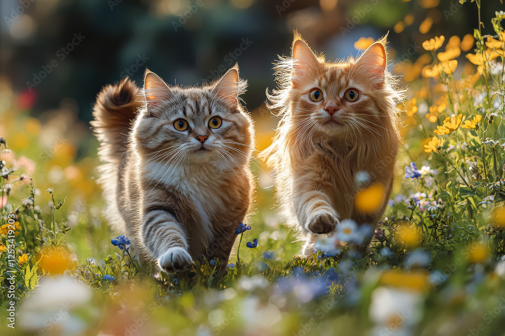 Poster two cats are running through a field of flowers. one is orange and the other is gray. the orange cat