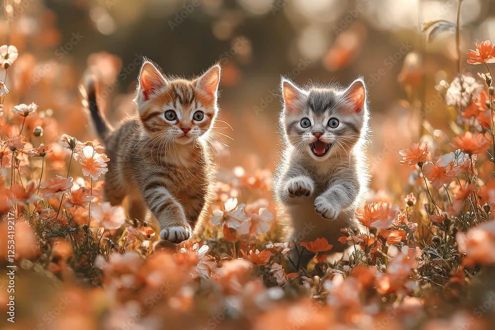 Poster two cats are running through a field of flowers. one is orange and the other is gray. the orange cat