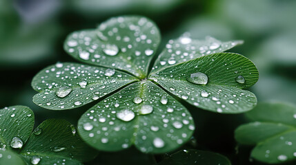 four-leaf clover with water droplets.