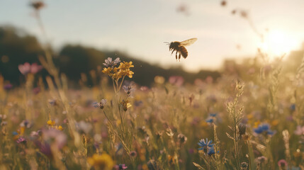 a bee flying over a field of wildflowers during golden hour. 