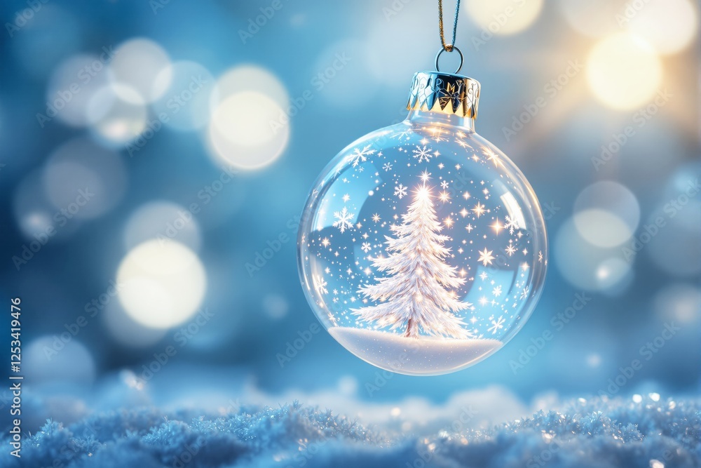 Poster christmas ornament with snowy tree inside on sparkling blue background.