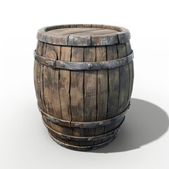Fototapeta premium A wooden barrel with metal bands, typically used for storage or aging liquids. isolated on white background