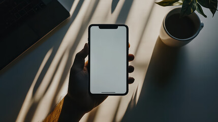 hand holding smartphone with blank screen, coffee cup and laptop in background.