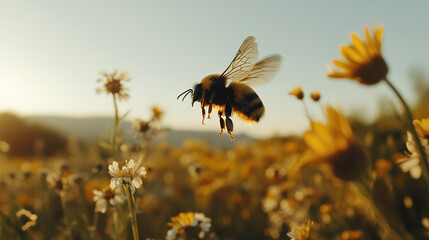 bumblebee in flight over a field of flowers at sunset. 