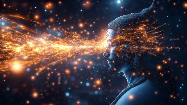 Mighty figure with cosmic energy emanating from eyes, surrounded by starry background. image conveys sense of power and spirituality in vibrant universe