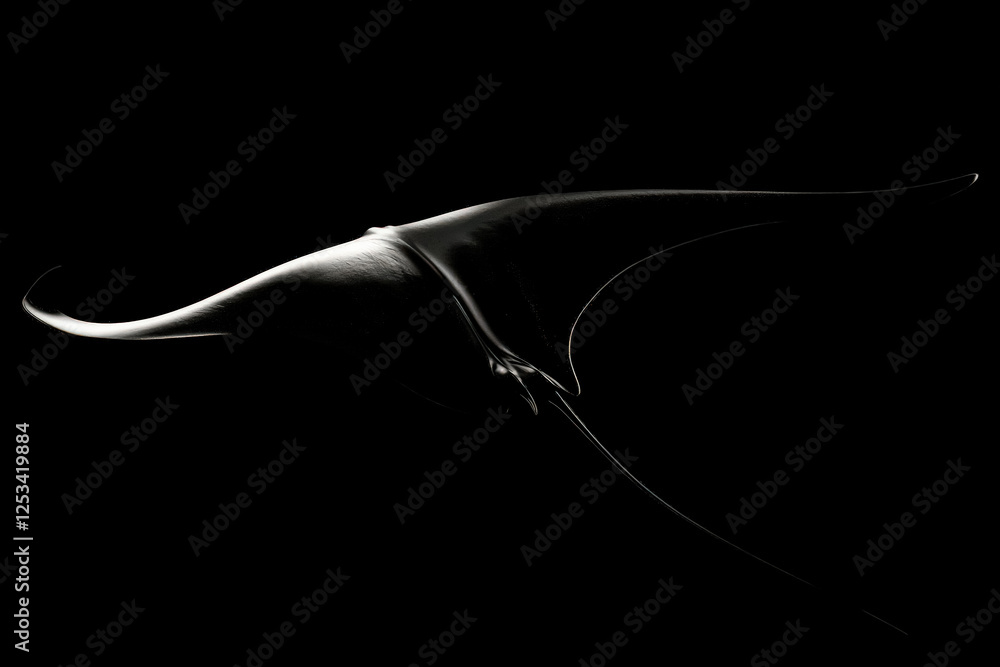 Poster black and white photo of a stingray flying through the water. the image has a moody and mysterious f